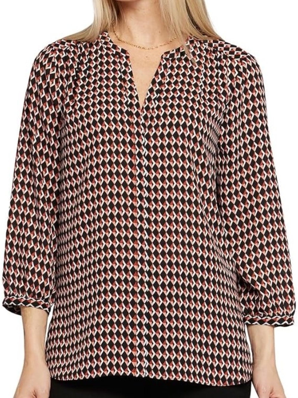 NYDJ Evita Geometric Pintuck Blouse Large L